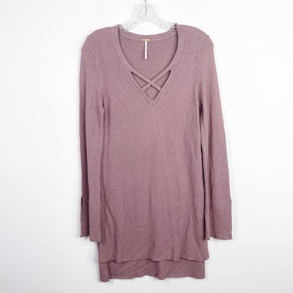 FREE PEOPLE | Mauve Criss Cross Neckline Knit Tunic Pullover Sweater Sz.Small - Picture 5 of 7